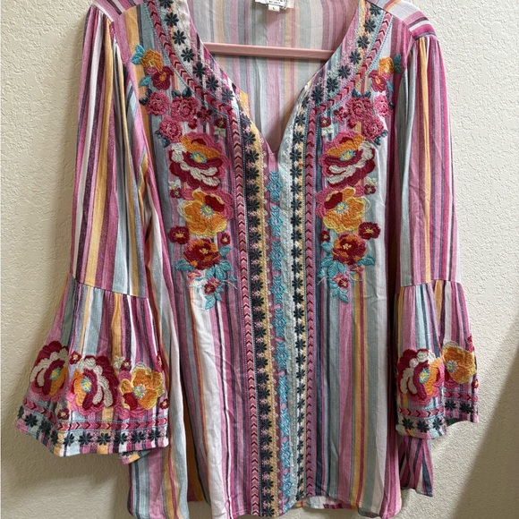 ANDREE BY UNIT Tops - Floral Embroidered Striped (Savannah Jane Dup) Women's Top